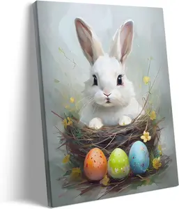 Framed Bright Easter Canvas Wall Art, Elegant Bunny and Easter Eggs Canvas Print Poster, Floral Painting Colorful Spring Artwork Decoration Pictures