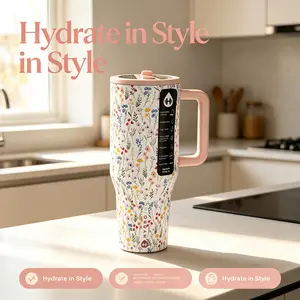 HydroJug 40oz Leak-Proof Stainless Steel Insulated Water Bottle, Reusable Sports Water Jug, Large-Capacity Portable Drink Container, Stylish Water Cup With Small Floral Pattern