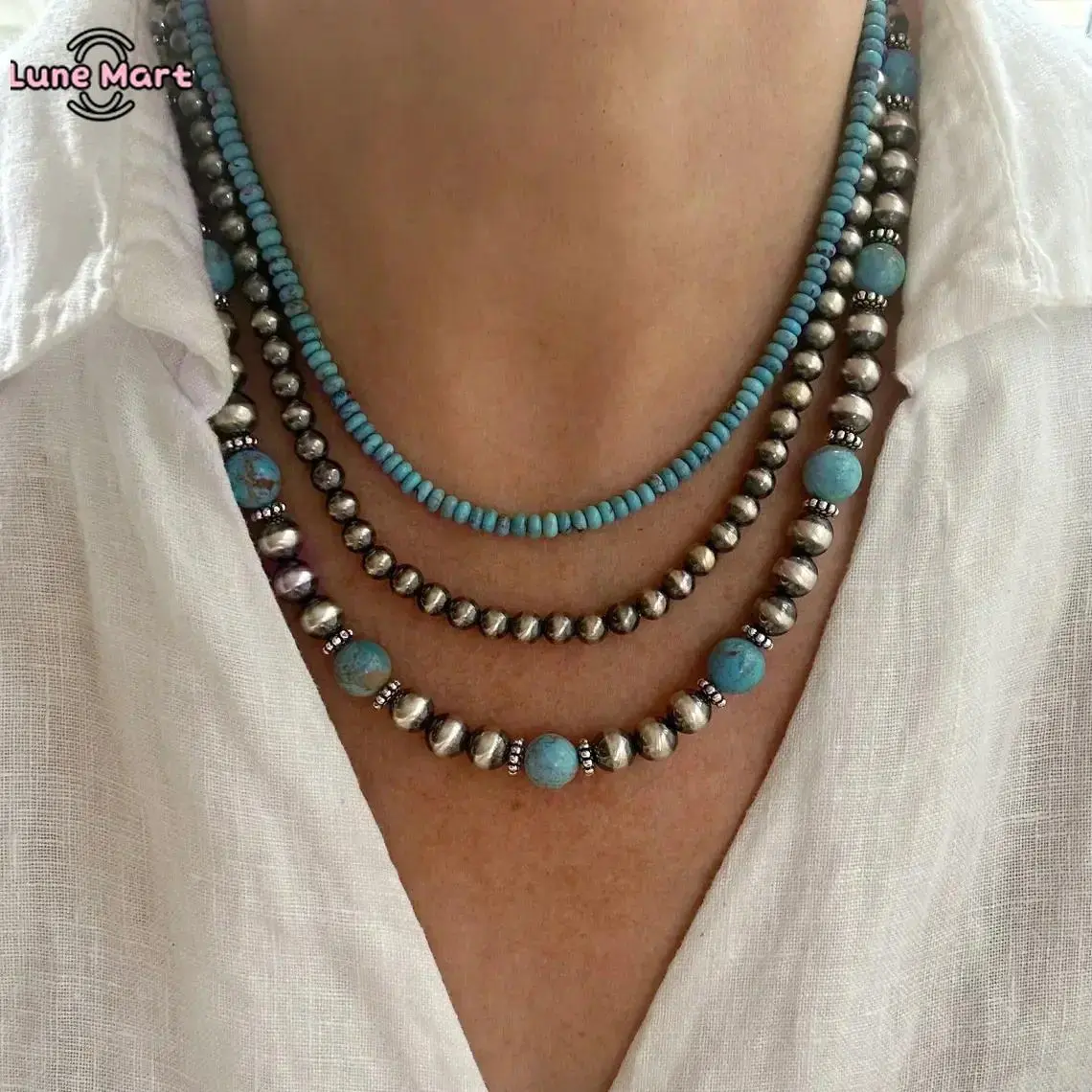Bohemian 3-Layer Turquoise and Silver Beaded Necklace - Dainty Stackable Culturally-Inspired Hippie Style Accessory, Bead Chain, Layered Gemstone, Turquoise Cabochon Necklace for Vacation, Bead Chain Necklaces, Culturally-Inspired Necklaces