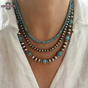 3-Layer Turquoise and Silver Beaded Necklace, Bohemian Stackable Dainty Design - Ideal for Vacation, Western Style Sports & Outdoor Accessory summervibes