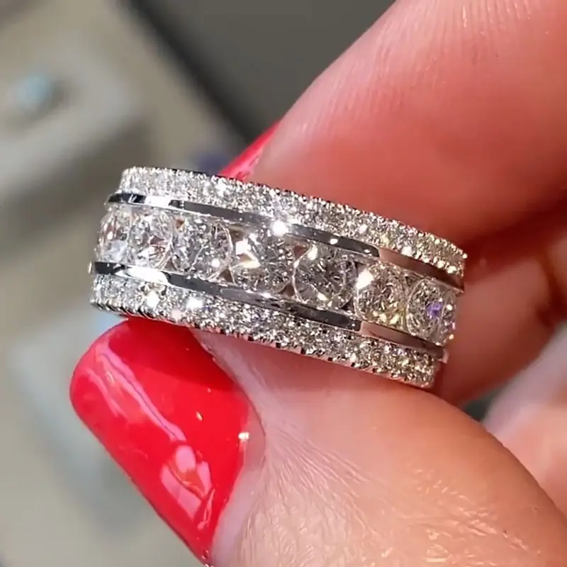 Wide Band Cubic Zirconia Eternity Ring for Women, Shiny Micro Pave Glamorous Jewelry for Engagement, Wedding & Anniversary, Cubic Zirconia Rings