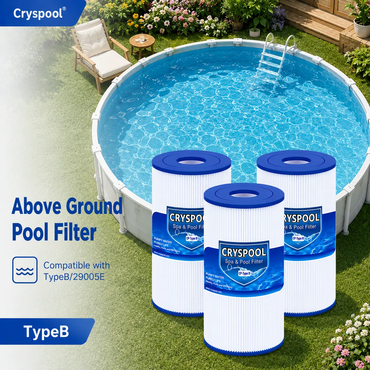 TypeB Pool Filter Cartridges,  Compatible with TypeB/29005E, Above Ground Pool Filter Cartridges, 3 Pack