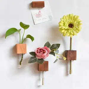 2PCS Mini Magnetic Vase for Fridge, 3D Wooden Wall Vase Holders with Test Tube, Strong Magnet No Falling, Modern Home Decor for Kitchen Refrigerator Bedroom Office