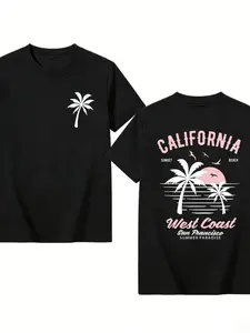 Washed Cotton California Graphic Tee – 250g Soft Vintage Surf Beach Tee with Palm Trees & Retro Print, Loose Fit Summer Casual Shirt for Men Women, Unisex Machine Washable
