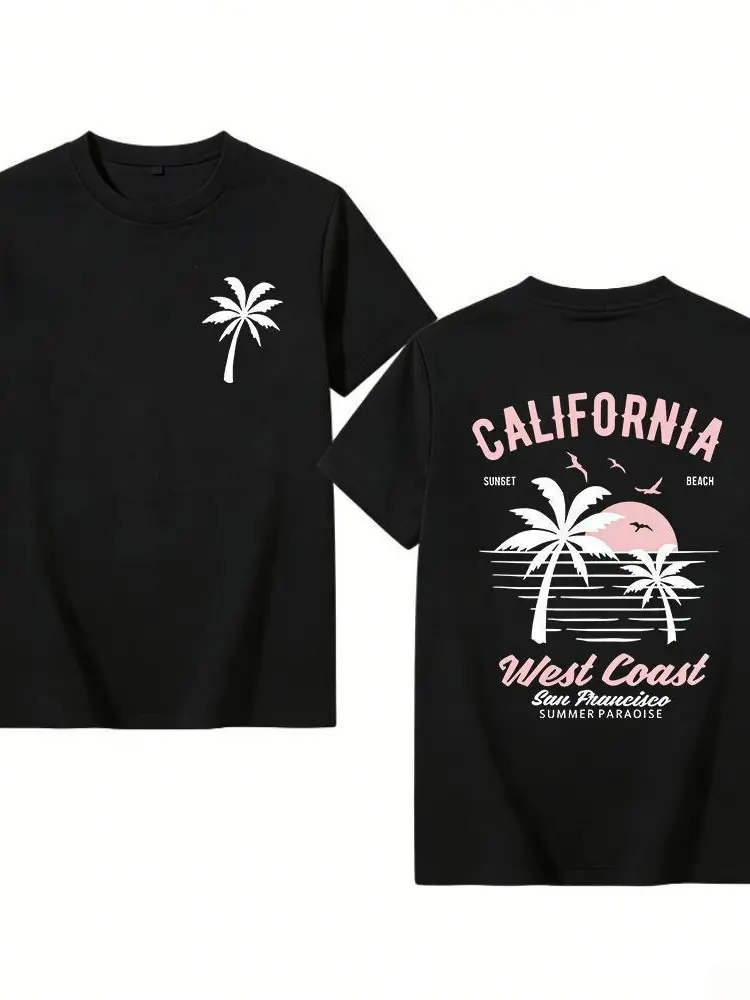 Washed Cotton California Graphic Tee – 250g Soft Vintage Surf Beach Tee with Palm Trees & Retro Print, Loose Fit Summer Casual Shirt for Men Women, Unisex Machine Washable