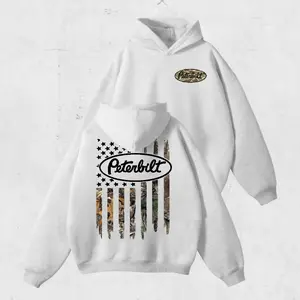 Peterbilt Camo Flag Hoodie – 2-Sided Graphic Pullover for Truckers, Bold Hunting Camo American Flag Hoodie, Peterbilt Logo Gear for Men and Women