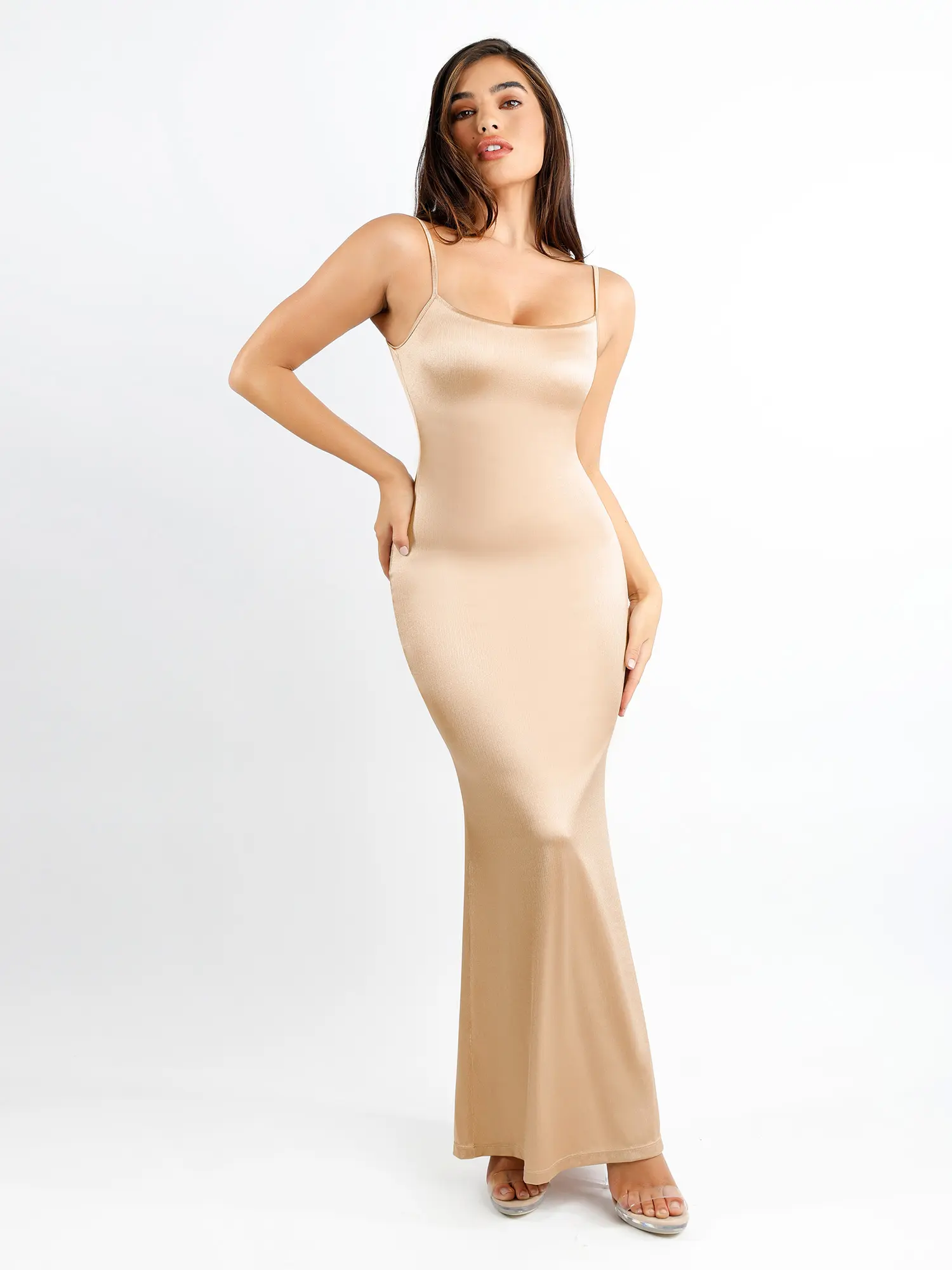 Popilush The Shapewear Dress Deep V-Neck Twisted Shine Maxi Formal Sleeveless Dress with High Elastic Body-Shaping Nylon Fabric Popilush The Shapewear Dress Deep V-Neck Twisted Shine Maxi Formal Sleeveless Dress with High Elastic Body-Shaping Nylon Fabric