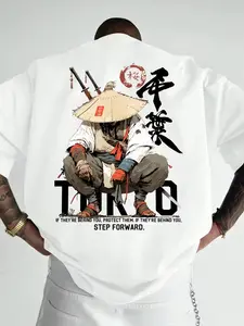 Men's Anime Samurai T-Shirt - Short Sleeve with One-Leg Crossed Swords & Kanji Print, Torico Manga Warrior Back Print, Casual Summer Round Neck Tee for & Casual Attire shirts  women meme silky  graphic  tees boyfriend  fit