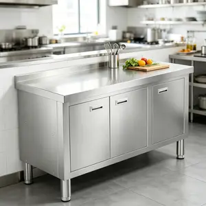 Stainless Steel Commercial Work Table with 3 Doors, Heavy Duty Metal Storage Cabinet, 47 x 21 x 35 Inch Industrial Prep Table for Restaurant, Garage, Kitchen, NSF Ready, 0.8mm Thick