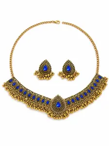 Indian Jewelry Set for Women, Antique Gold Tone Blue Stone Choker Necklace and Dangle Earrings, Bollywood Style Statement Jewelry for Wedding Party Festival