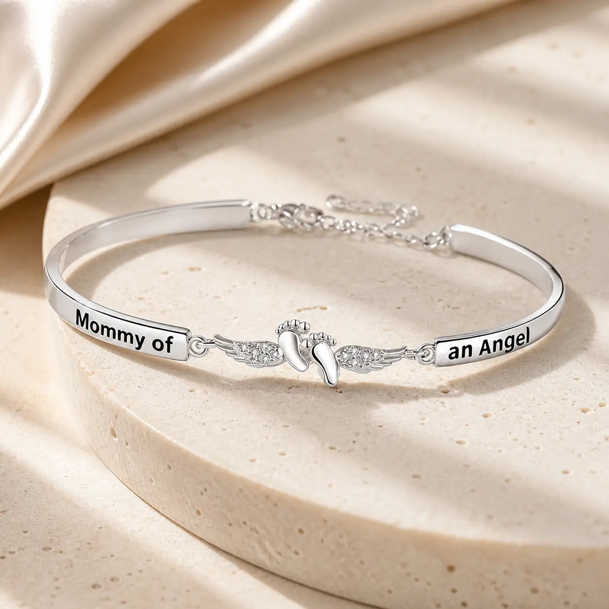 “Mommy of an Angel” Memorial Bracelet for Women, Silver-Tone Adjustable Cuff with Baby Footprints, Crystal Angel Wings and Engraved Message, Sympathy Remembrance Keepsake Gift for Mom, Mother’s Day or Birthday