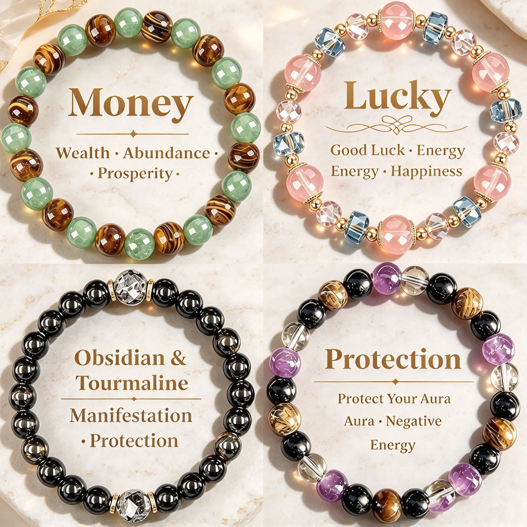 Women's Healing Crystal Bracelets Set - 4Pcs Stackable Layered Elastic Beaded Bracelets (15-20cm) | Tiger Eye, Obsidian, Black Tourmaline | Protection, Good Luck, Money Attraction Spiritual Everyday Jewelry Gift, Bracelets For Women