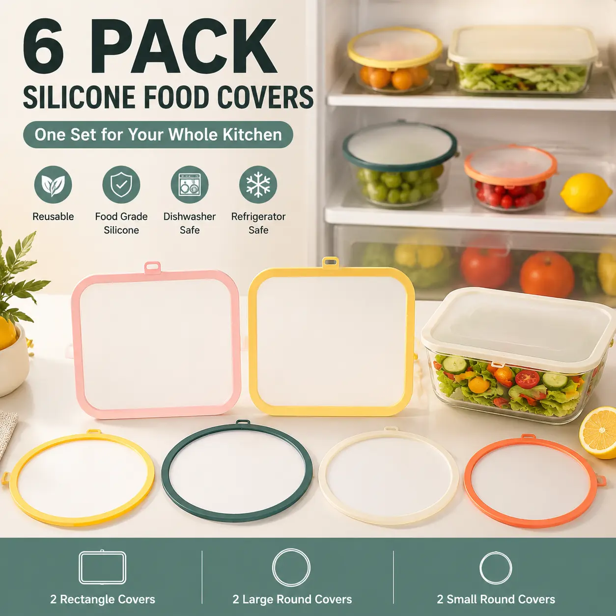 6 Pack Reusable Silicone Food Covers, Stretch Lids for Bowls, Plates & Food Containers, Kitchen Storage Covers for Leftovers