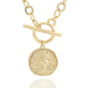 Chunky Gold Coin Pendant Necklace Trendy Layered Statement Chain for Women, Antique Toggle Design with Thick Link, Fashionable Necklaces for Women