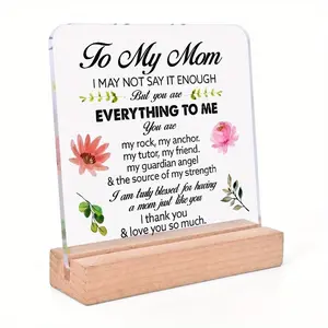 Acrylic Desktop Ornament, Flower Pattern Acrylic Decoration with Wooden Base, Desktop Ornament for Home Office, Gift for Mom, Home Decor