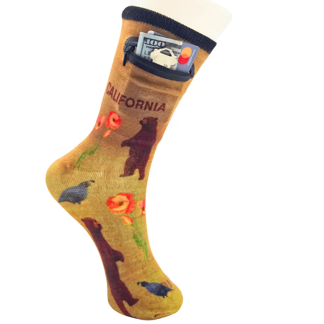 Flippysox Zipper Sock Wallet - Cotton & Polyester Zipper Socks with Pockets - Fits shoe size 6-13 (California)