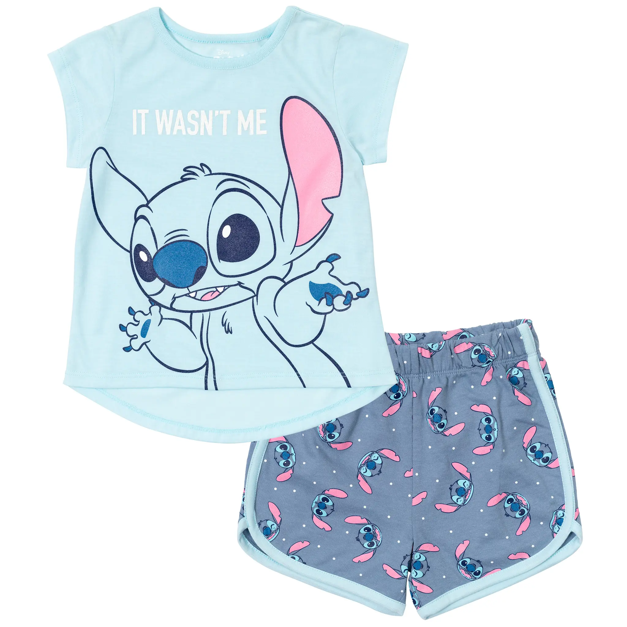 Disney Lilo & Stitch Girls' 2-Piece Graphic T-Shirt and Dolphin Shorts Set, It Wasn't Me Design, for 2T to 16 (4-5 Years Included) Kids' Fashion Suit, Short Sleeve Tops, Tag-Free Neck, Elastic Waist, Soft Jersey, High-Low Hem, Warm Weather, Clothes Kids,,