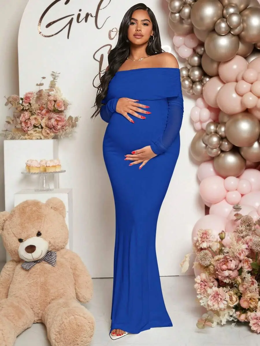 LAFERLIN Pregnant Women Off-Shoulder Fishtail Baby Shower Long Sleeve Dress For Maternity