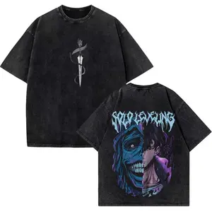 Solo Leveling Sung Jinwoo Anime Graphic Tee Vintage Washed Cotton Oversized Unisex Short Sleeve T Shirt Harajuku Streetwear Casual Loose Daily Comfort Retro Manga Style Tops for Men Women Anime Fans