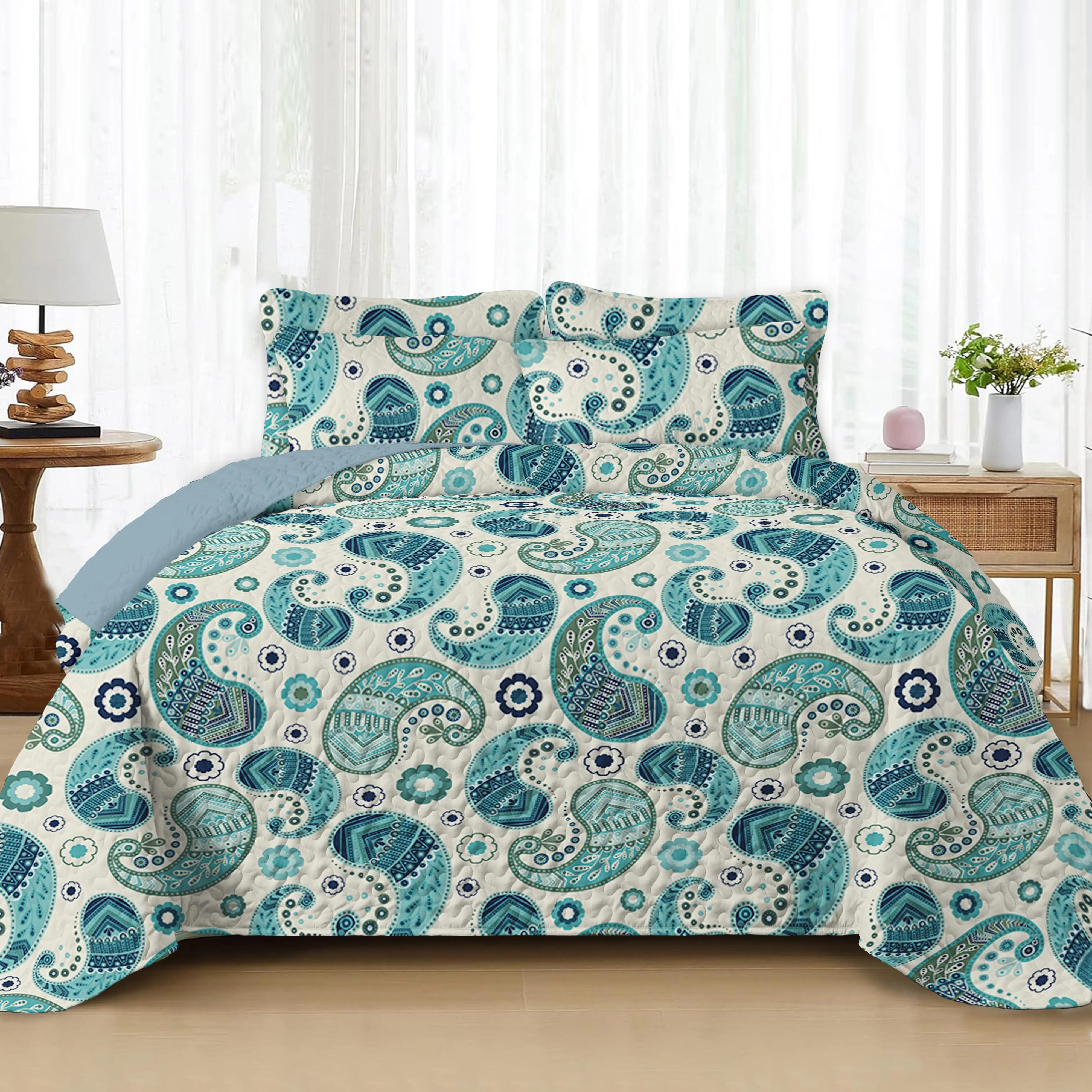 Traditional Microfibre Blue Paisley Reversible Quilt Sets - Premium Flat Weave Stitched Coverlet with 2 Pillow Shams, Vibrant Digital Print Bedspread, Anti-Shrink, Anti-Deform Soft All-Season Bedding for Queen/King Beds, Machine Washable, Polyester, Quilt