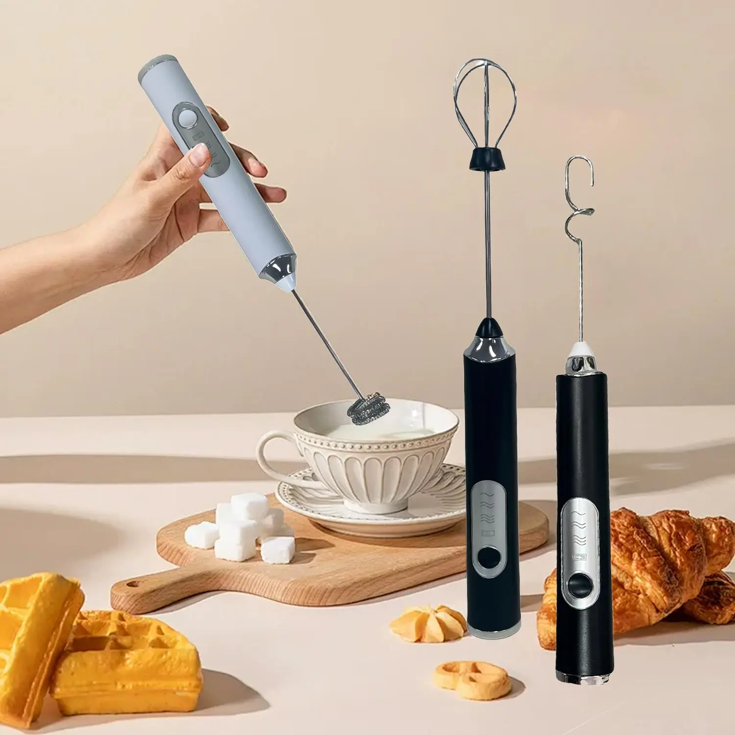 Milk Whisk for Coffee, Stirrer Handheld USB Rechargeable Electric Whisk with 3 Stirring Heads, 3 Speeds for Latte, Cappuccino, Hot Chocolate