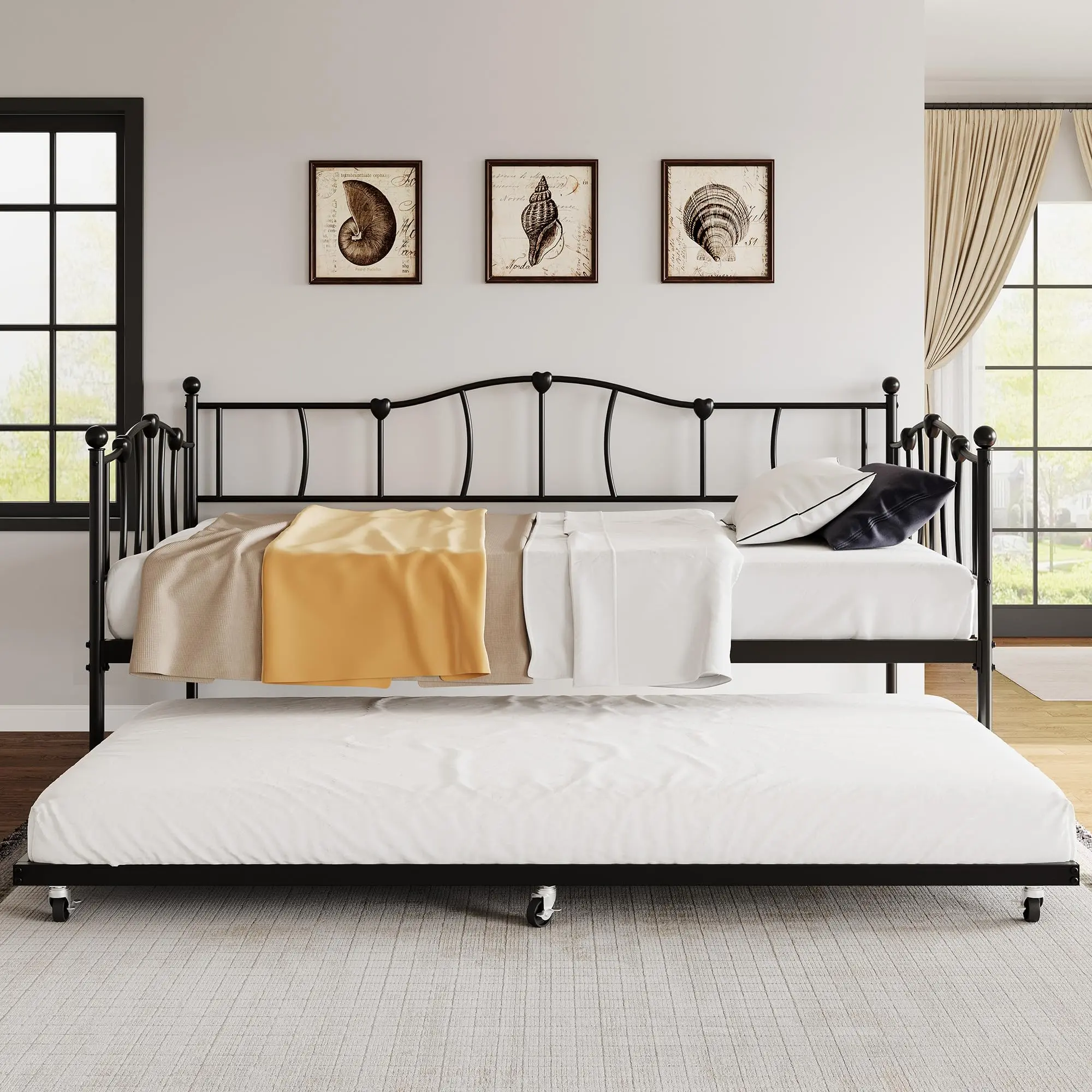 GARVEE Twin Size Metal Daybed with Trundle Bed - Premium Metal Frame and Steel Slat Support, Available in Black, Purple, and Pink. Ideal for Living Room or Bedroom, Featuring a Roll-Out Trundle for Extra Sleeping Space.
