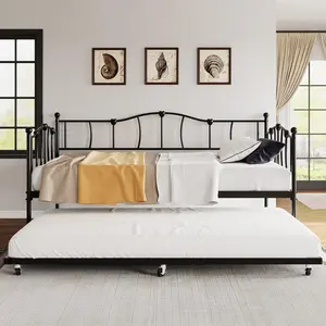 GARVEE Twin Size Metal Daybed with Trundle Bed - Premium Metal Frame and Steel Slat Support, Available in Black, Purple, and Pink. Ideal for Living Room or Bedroom, Featuring a Roll-Out Trundle for Extra Sleeping Space.
