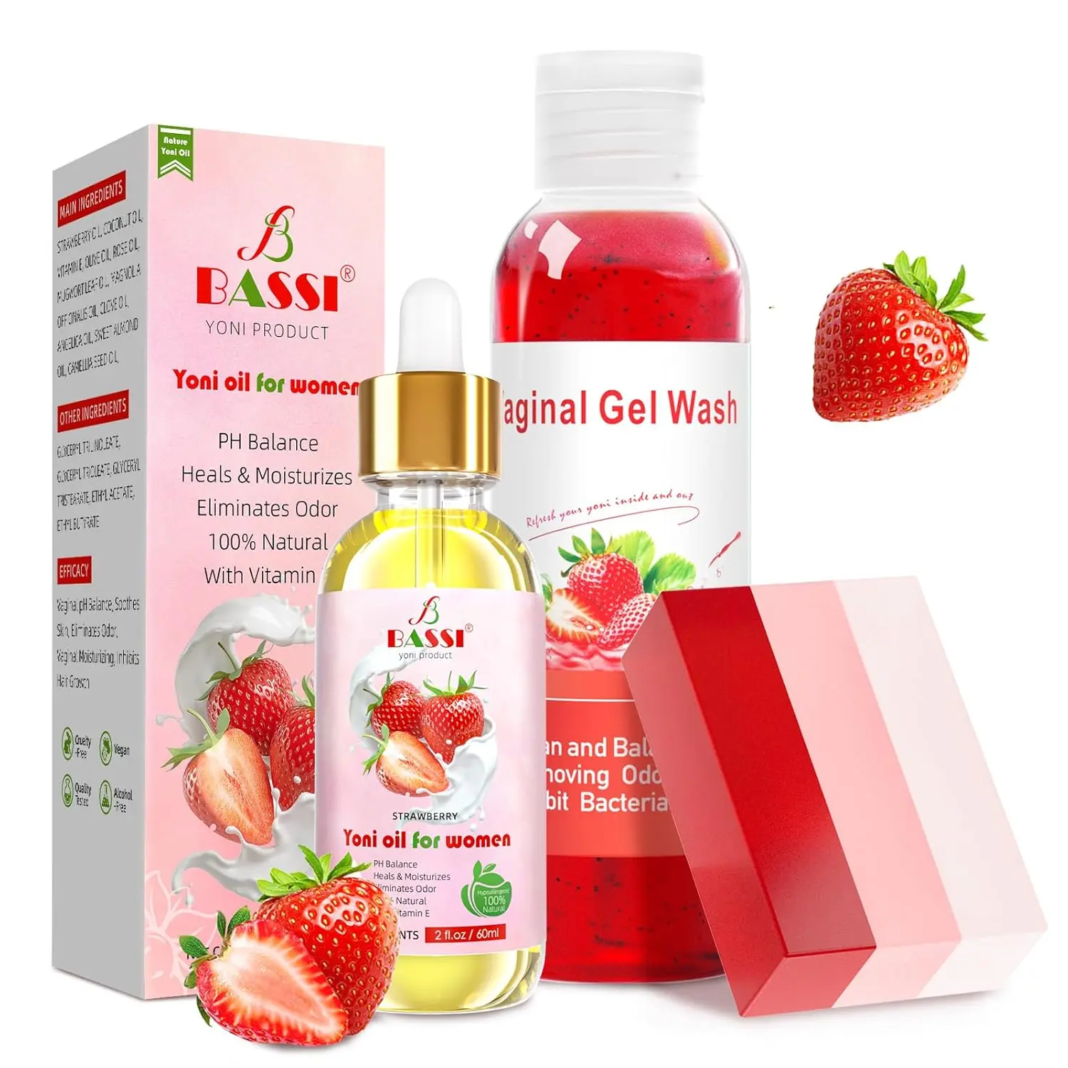 Feminine Wash & Oil & Soap Set for Women, Wash for Vaginee Ph Balance Remove Odor Moisturizing (strawberry wash soap oil set)