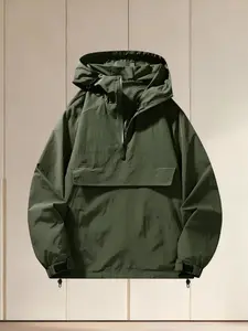Men's Spring Fall Hooded Jacket, Loose Fit Big Size Half Zip Casual Outerwear, Fashion Thin Coat for Outdoor Sports Travel Hiking Adventure