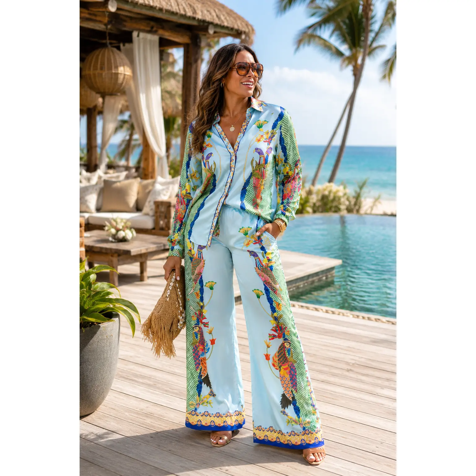 Peacock Paradise Silk Set - Premium Peacock Print Blouse with Lantern Sleeves & Harem Pants Below the Ankle for Women's Fashion Events