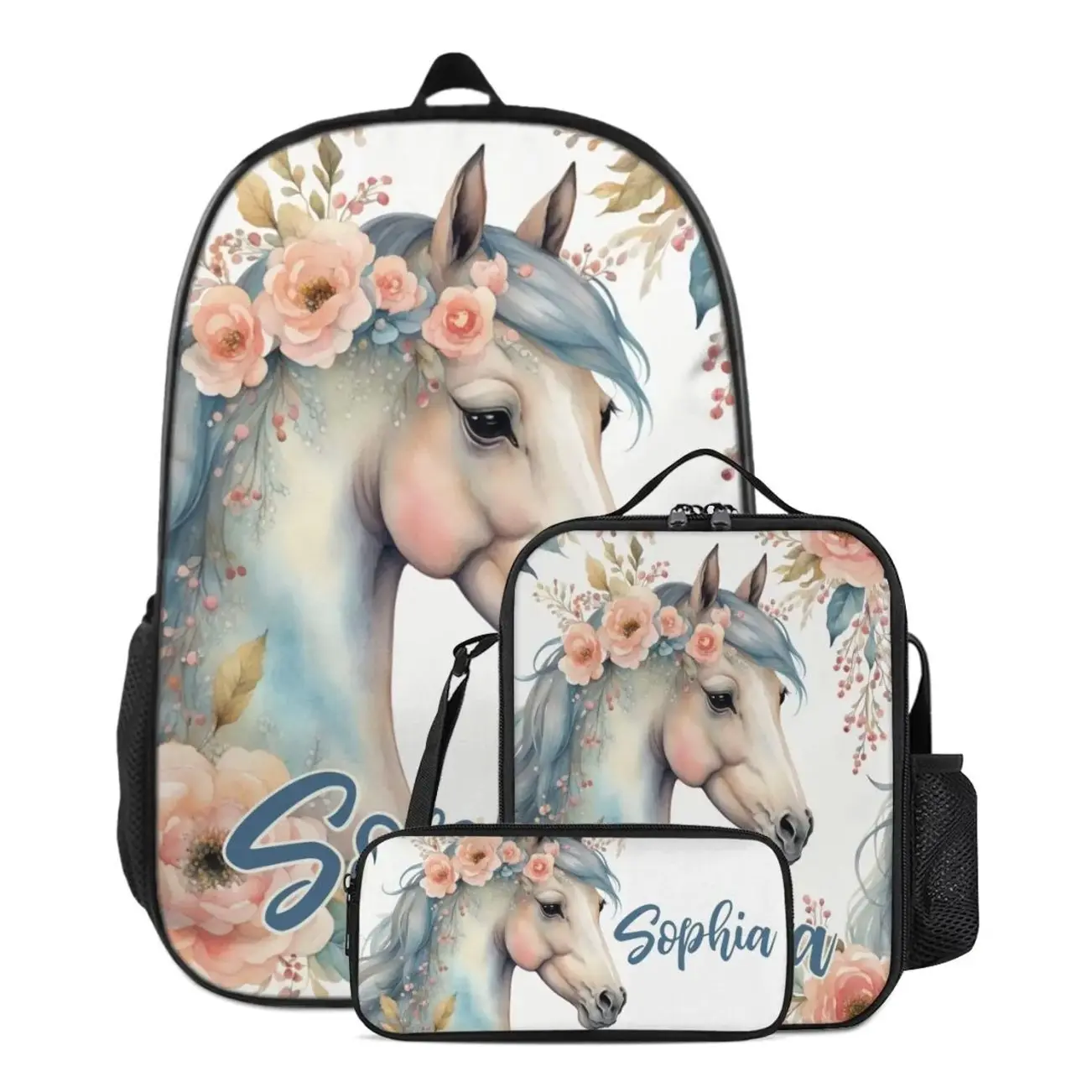 Personalized Horse Girls Backpack Set, Custom Name School Bag with Lunch Bag & Pencil Case