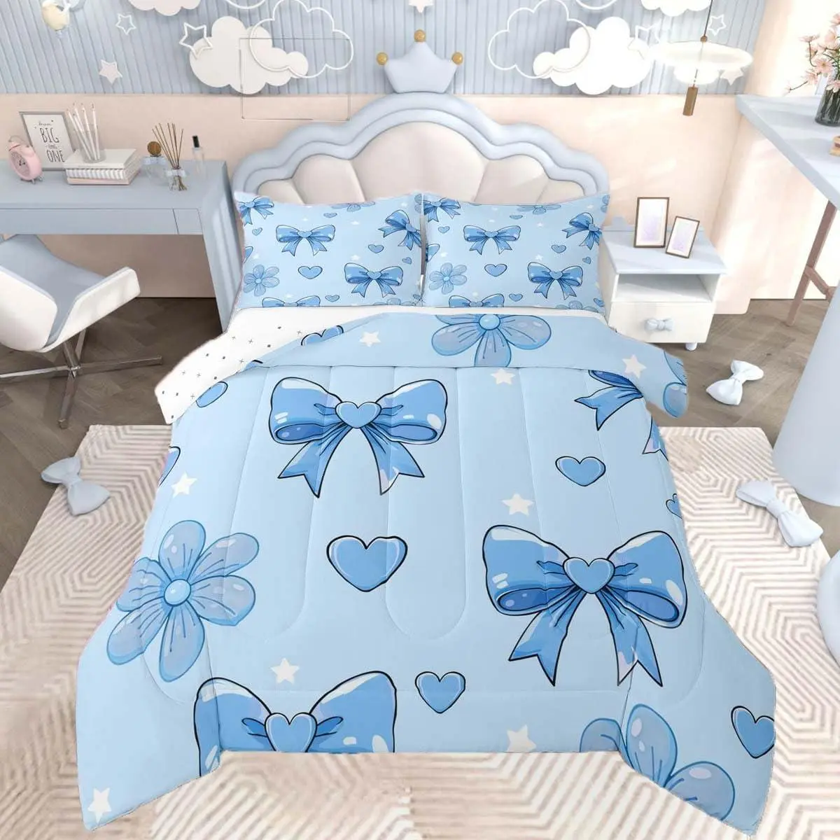 Bowknot Kids Comforter Set Bow Bedding Set Blue Duvet Quilt for Kids Boys Girls Bedroom Cute Bow-tie Decor Microfiber Ultra Soft Breathable
