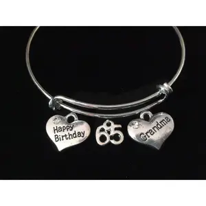 Happy 65th Birthday Grandma Expandable Charm Bracelet Silver Adjustable Wire Bangle Grandmother Gift