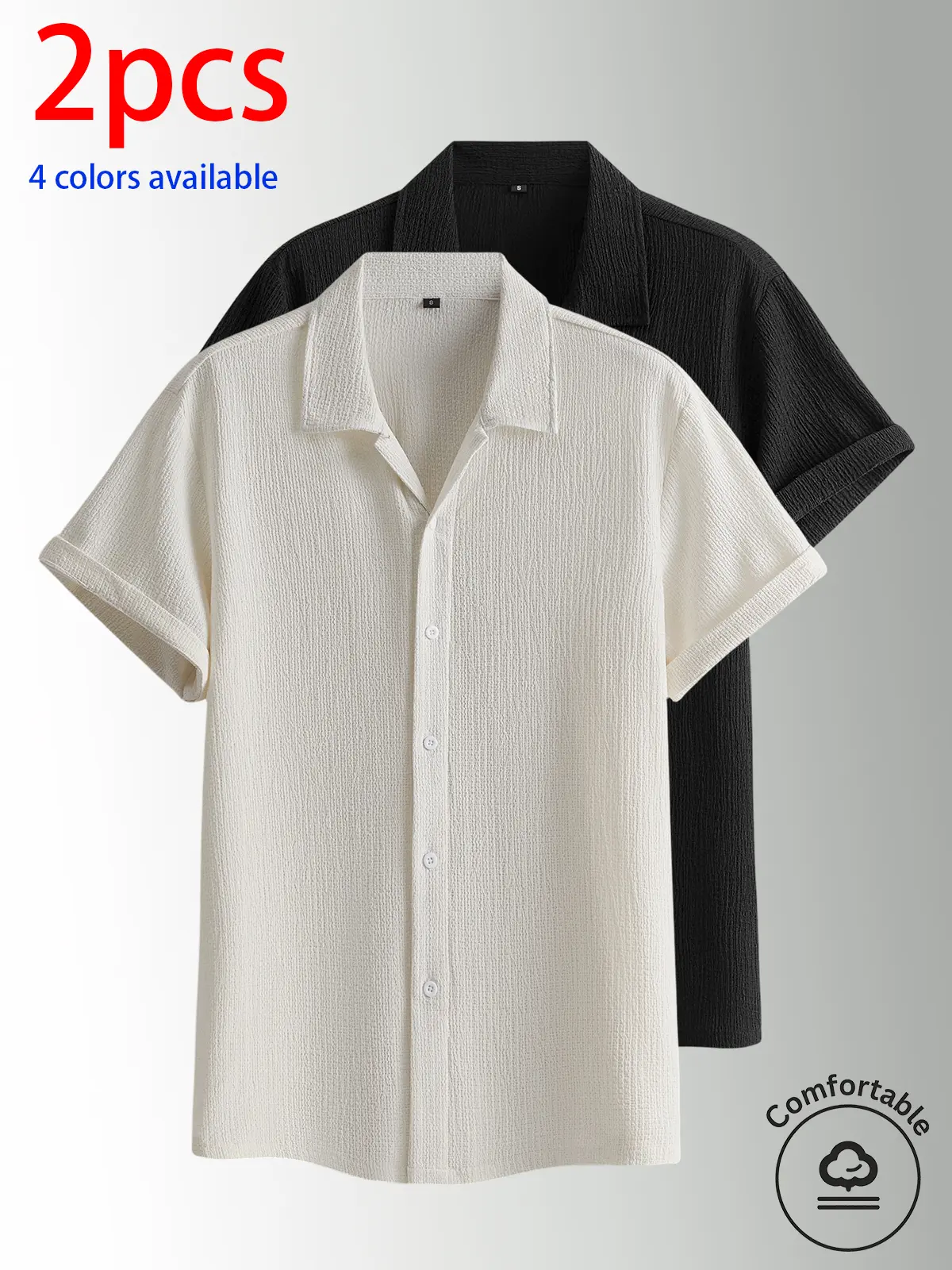 2-pack men’s summer short-sleeve shirts: men’s short-sleeve shirt, men’s shirt. Textured checkered short-sleeve shirt with button design; loose fit, turn-down collar, solid color, lightweight and breathable. Available in multiple colors—solid and versatil