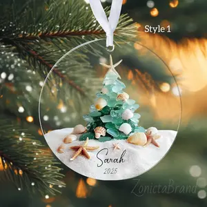 Personalized Coastal Christmas Ornament, Coastal Christmas Tree With Shells, Starfish, Beach Ornament, Beachy Starfish Acrylic Ornament