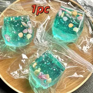 Square Gel Ice Cube Stress Ball, Slow Rebound Malt Sugar Island Shell Ice Cube, Portable Office Stress Relief Toy, Unisex, Glitter Squishy