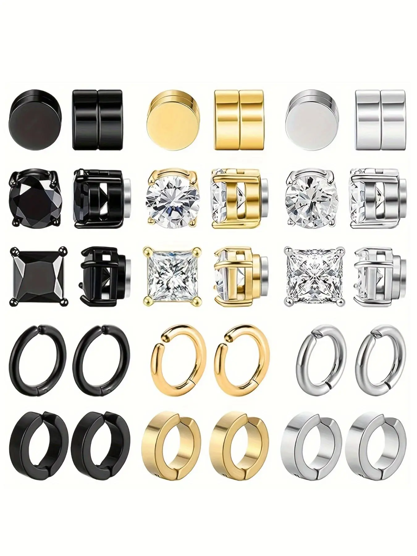 15 Pairs Fashion Street Style Stainless Steel Magnetic Hoop Earrings, Earring Set, Non-Piercing Jewelry for Men and Women, Acupressure Patch