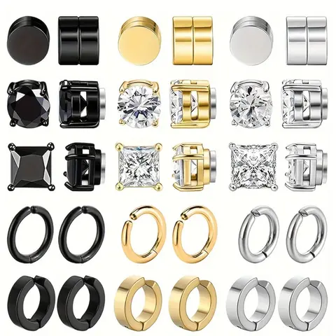 15 Pairs Fashion Street Style Stainless Steel Magnetic Hoop Earrings, Ear Hoops, Earring Set, Non Pierced Jewelry for Men and Women, Acupressure Patch
