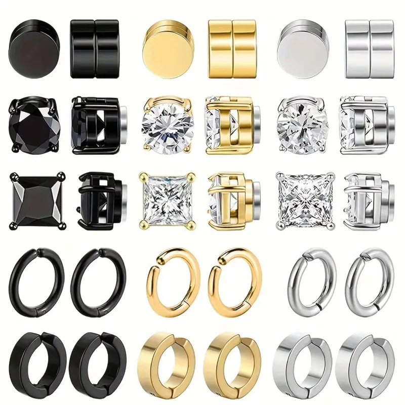 15 Pairs Fashion Street Style Stainless Steel Magnetic Hoop Earrings, Ear Hoops, Earring Set, Non Pierced Jewelry for Men and Women, Acupressure Patch
