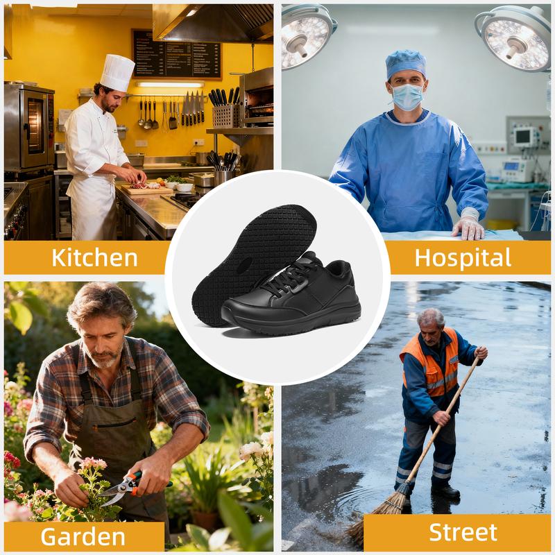 Non Slip Work Shoes for Men, Water Resistant & Oil Resistant Leather Slip on Kitchen Shoes, Comfortable Mens Slip Resistant Chef Shoes for Restaurant Food Service, Lightweight Walking Shoes, Black, Breathable Leather, zapatos para hombres