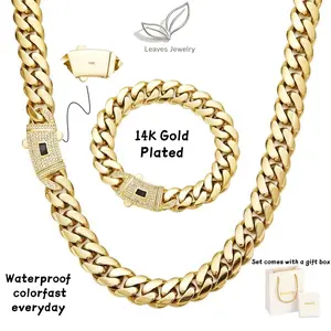 14K Real Gold-Plated Miami Link Cuban Necklaces and Bracelets Waterproof Abrasion-resistant Fade-resistant Diamond clasp Stainless steel chain Hip-hop style Width: 6/8/10/12/14 mm For both men and women Set comes with a gift box The Perfect Gift