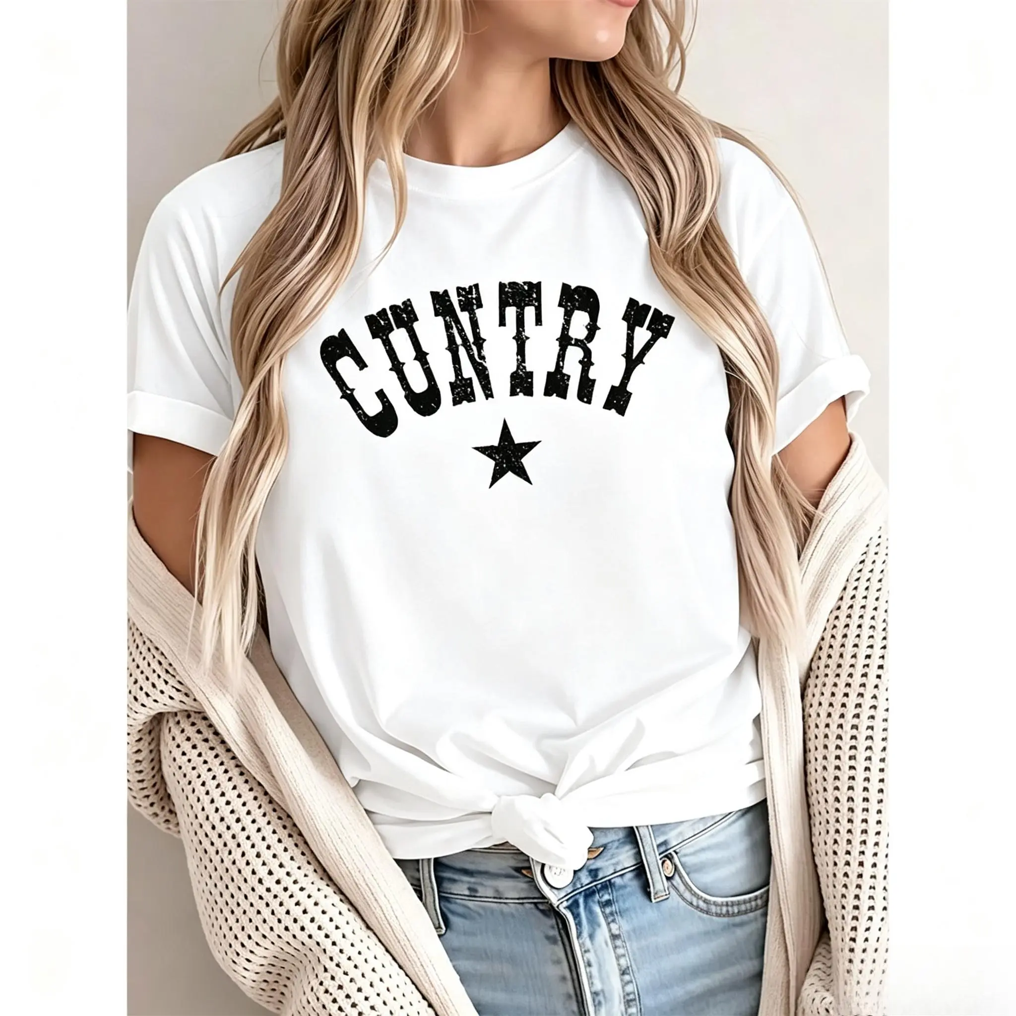 Cuntry Shirt - Funny Western Cowgirl Graphic Tee, Ironic Star Southern Slogan T-Shirt, Retro Espresso Country Concert Festival Top, Playful Bachelorette Girls Weekend Gift Cotton Womenswear