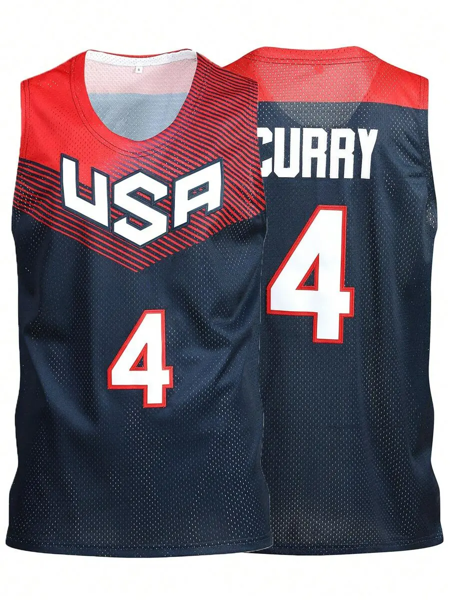 Men's USA 4 Navy Red Printed Basketball Jersey - Patriotic Mesh Tank Top - 2D Flat Graphic Printed Sportswear