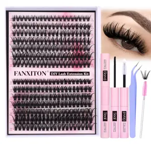 FANXITON DIY Lash Extension Kit Volume Lash Clusters 40D+50D D Curl Individual Lashes Lash Clusters Kit Thick Eyelash Extension Kit 280pcs Thin Band Cluster Lashes Lash Bond and Seal and Lash Tweezers