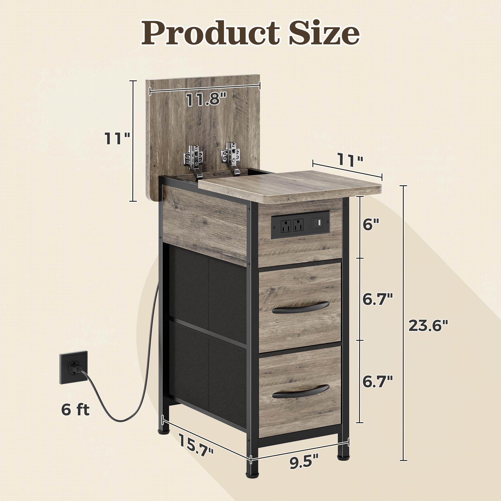 Huuger Narrow End Table with Charging Station, Flip Top Side Table with 2 Fabric Drawers, Slim Night Stand with USB-C Port for Small Spaces, Nightstand Bedside Couch Table, Living Room