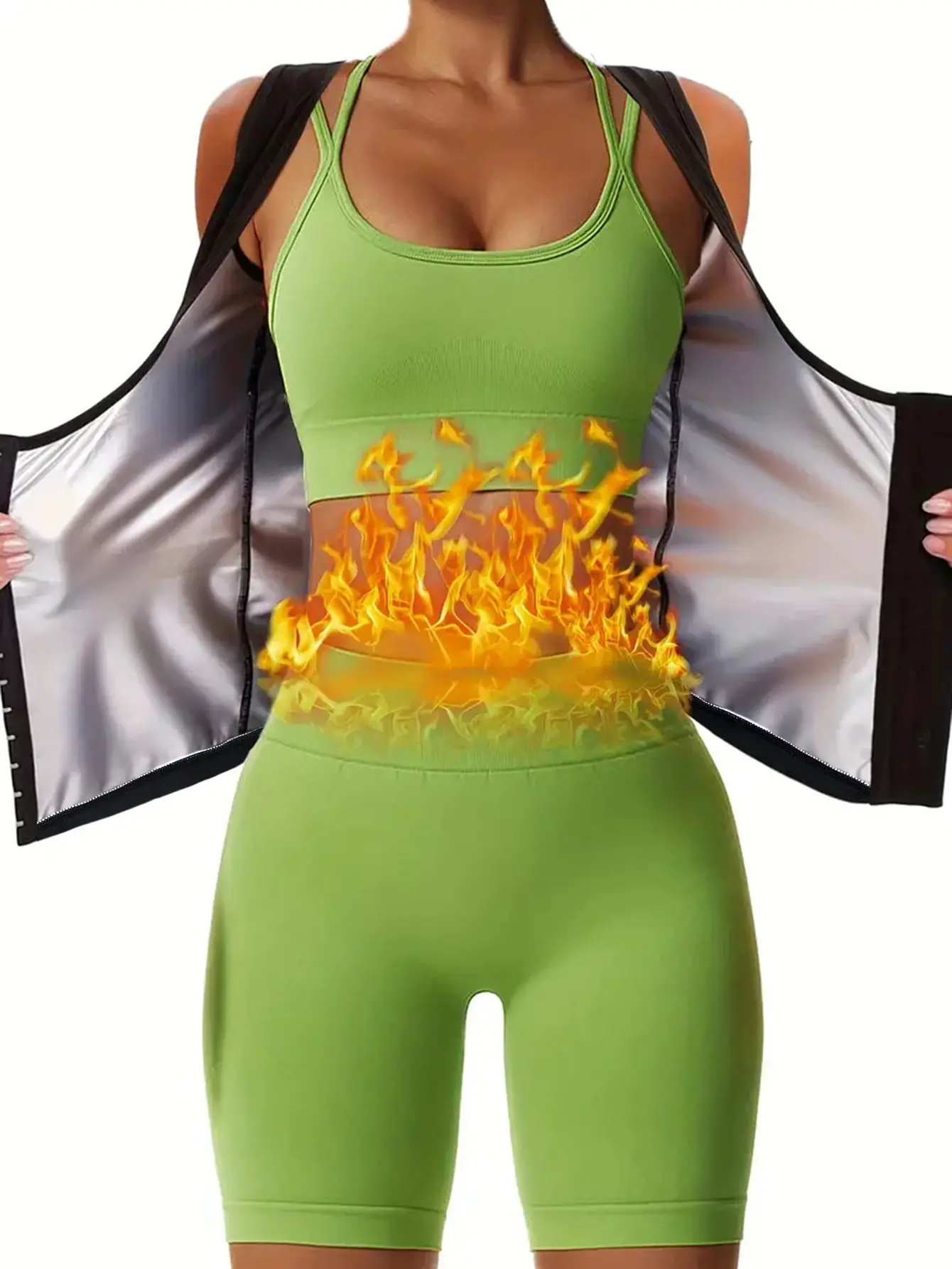 Three-row buckle waist training sauna vest, fashionable slimming sports top for women, sweat-absorbing shaping tight-fitting top, running yoga set, sexy fitness outerwear with PU coating abdominal binder.