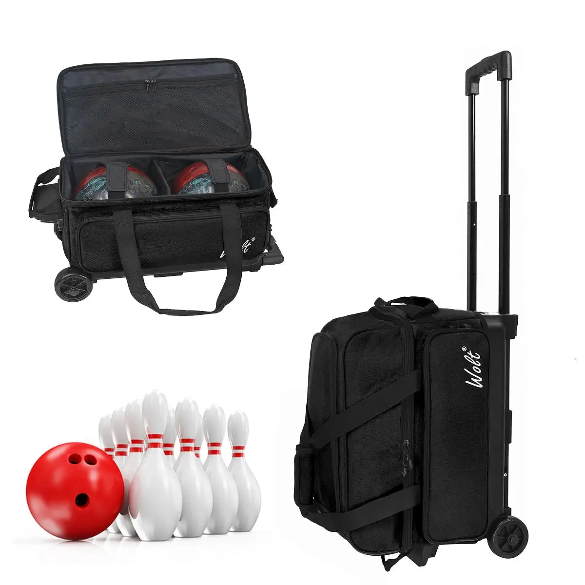 Wolt Practical Youth Polyester 2-Ball Bowling Roller Bag - 2 Smooth Sturdy Wheels, 40-in Retractable Telescoping Handle, Large Bowling Shoes Compartment, Padded Dividers, Protective Design, Breathable Vents, Synthetic, Bowling Balls, Two Balls