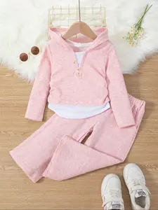 Girls' Casual Fashion Set, Sweet Sports Style Hoodie & Wide-Leg Pants, Three Button Decorations, Fits Ages 3-8, Ideal for Daily Wear