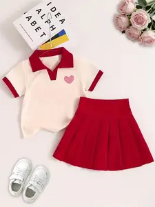 Girls' Summer Golf Set, Short Sleeve Turn-Down Collar T-Shirt and Solid Pleated Skirt, Cute Heart Print, High Stretch Fabric, Kids Girls Clothing