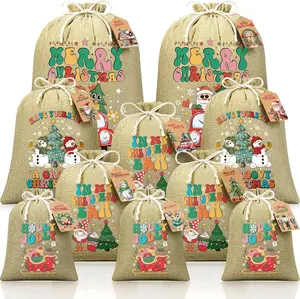 10 PCS Christmas Burlap Drawstring Gift Bags w/Tags, Linen Xmas Gift Bags Assorted Sizes Bulk, Holiday Gift Bag Reusable Large Medium Small Wrapping Bag for Xmas Presents Party Favors Burlap Sack